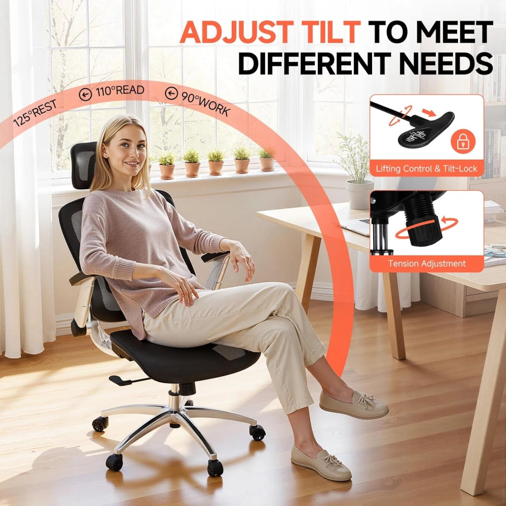 Sedia da ufficio, sedia da ufficio ergonomica in rete, braccioli 4D, schienale alto con funzione ribaltabile e chiusura (90-125°), seduta extra grande, capacità di carico 180 kg, nero