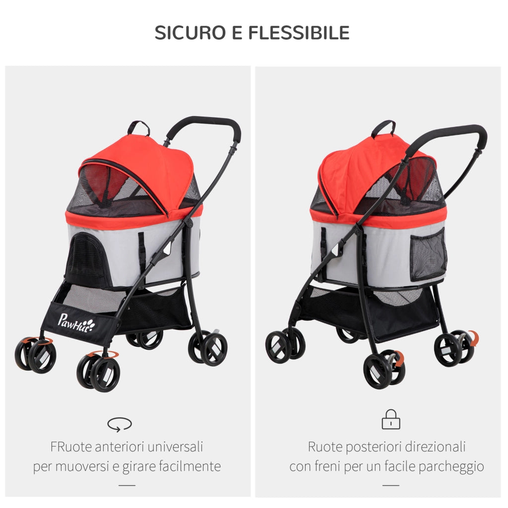 EasyComfort Passeggino per Cani Pieghevole con Trasportino Rimovibile e Tettuccio, 82x49.5x98cm, Rosso