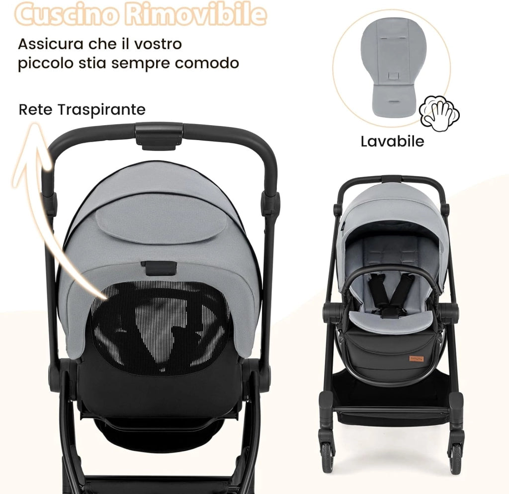 Passeggino per Bambini Reversibile, Passeggino Pieghevole per Neonati con Schienale Reclinabile, Cappotta Regolabile, Cestello Portaoggetti, per Neonati 0-36 Mesi, Portata 15 kg (Grigio)