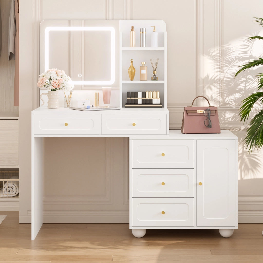 Tavolo da trucco bianco con specchio HD, 5 cassetti, 1 anta, 3 vani a giorno e illuminazione LED a 3 modalit¨¤