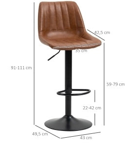 Set di 2 sgabelli da bar 43x49.5x91-111 cm girevoli e regolabili in altezza; acciaio; marrone