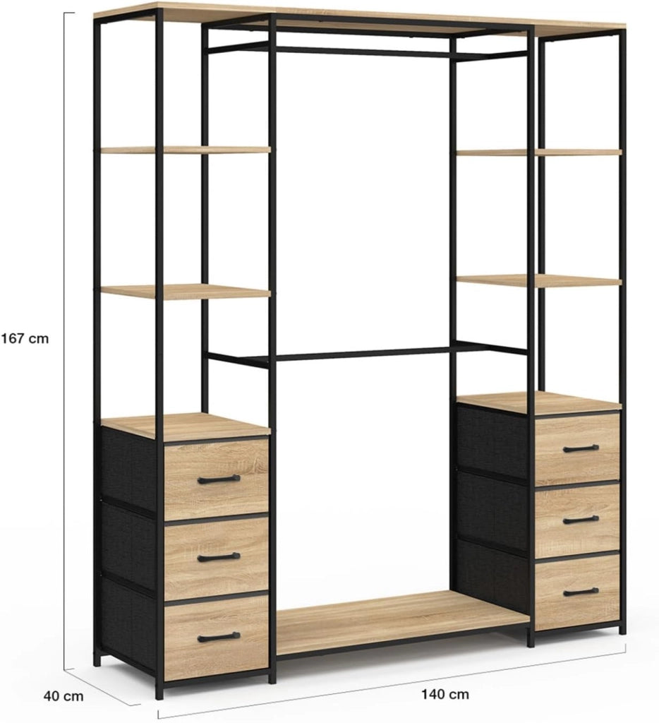 Armadio doppio UTAH + colonna doppia L. 140 cm con 6 ripiani e 6 cestini in legno e tessuto nero