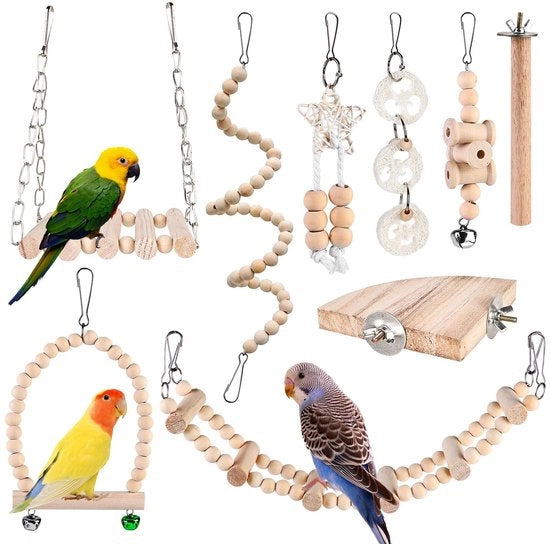 Pacco di 9 giocattoli per uccelli - giocattolo pappagallo, giocattolo oscillante per gabbie, giocattolo da mordere, giocattoli per uccelli, accessori per gabbie, piattaforma di seduta in legno per pappagalli, falchi pappagalli, aringhe, canarini