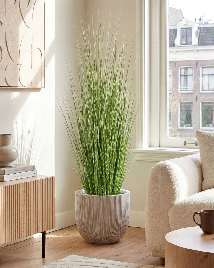 Pianta artificiale in vaso con erba verde e vaso in plastica nera, erba zebra da 120 cm, accessorio decorativo per interni