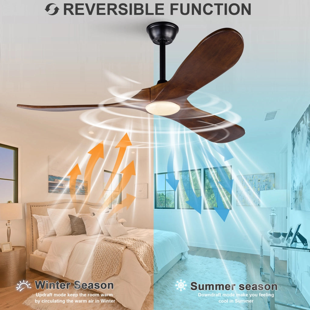 Ventilatore da soffitto 52 pollici con luce, 3 pale legno massello, 3CCT, motore DC silenzioso reversibile, telecomando, moderno