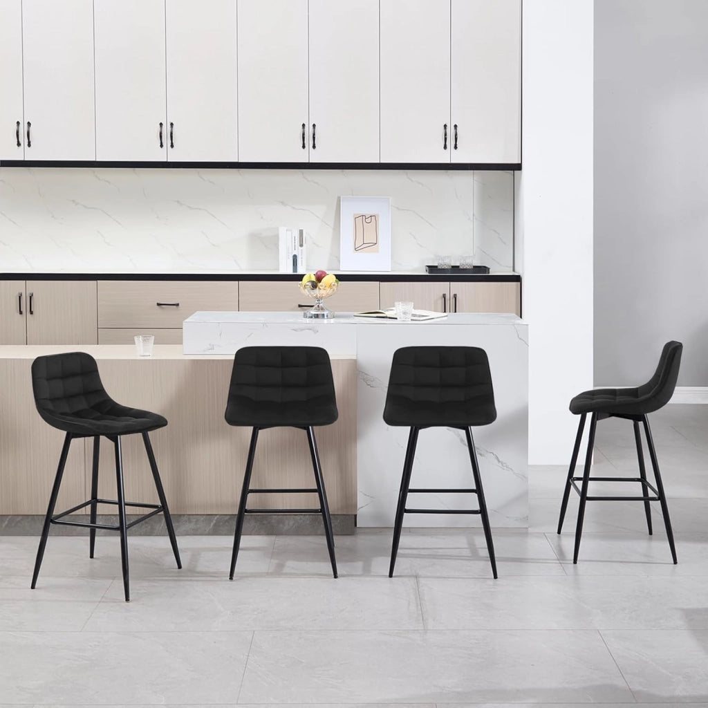 Sgabelli da Bar Stile Industriale Alta Sedia da Cucina Rivestimento in Velluto Nero Gambe in Metallo 2 Pezzi