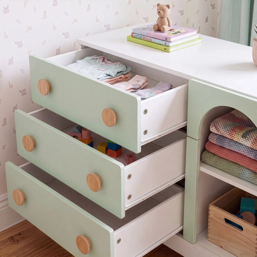 Cassettiera Vaarentaa per Cameretta con 3 Cassetti e 2 Vani Aperti 79x41x66 cm - Bianco/Verde Menta [en.casa]