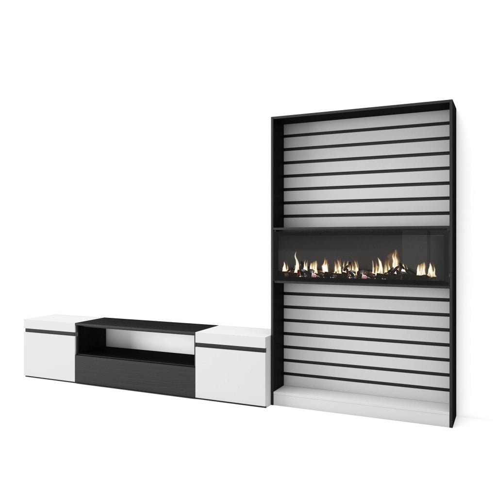 Mobile TV, Soggiorno, 310x35x186cm, Per TV fino a 80", Camino elettrico, Bianco e nero RF2845