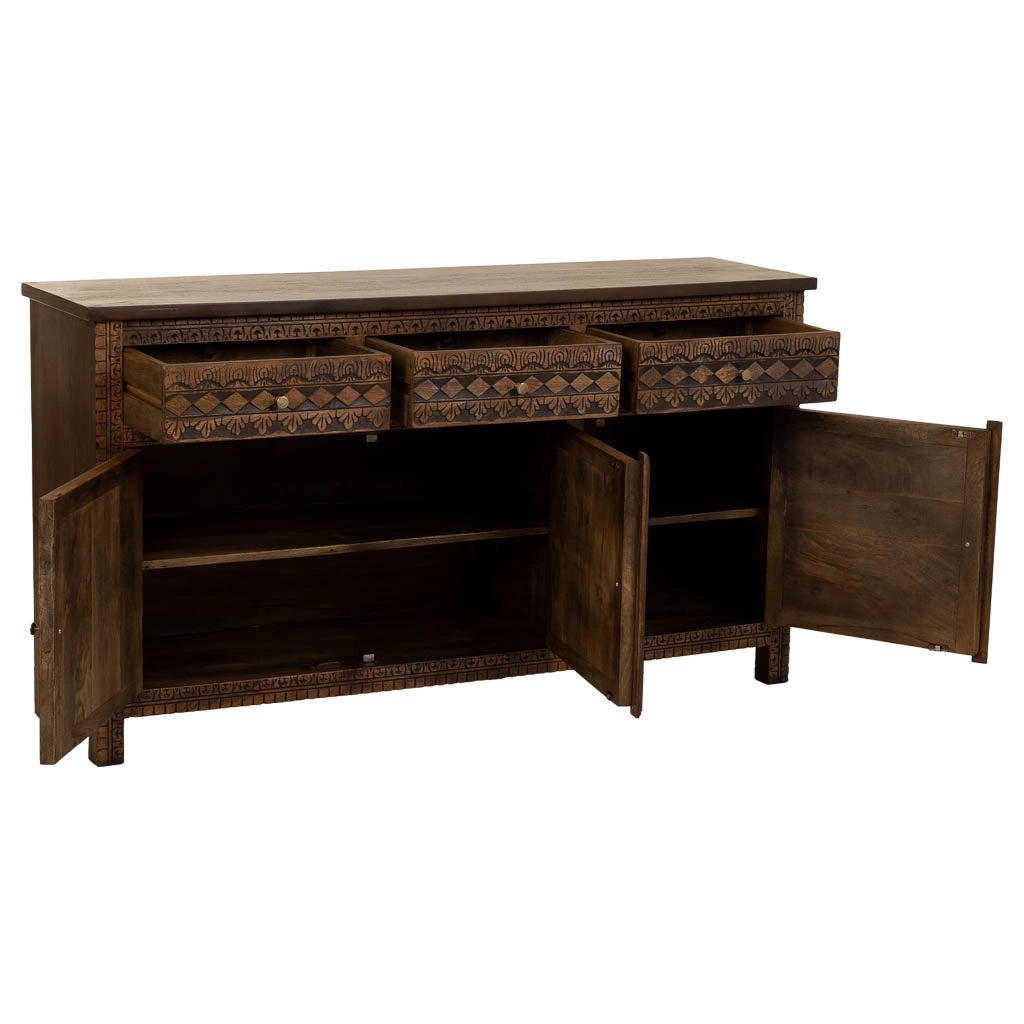 Credenza in legno artigianale con 3 ante, 153x40x84h cm