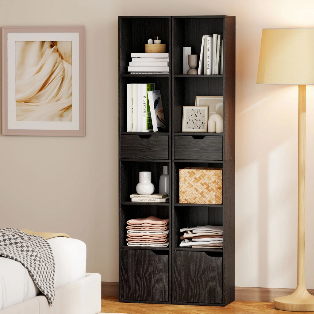 Libreria 30x24x158 cm a 4 Ripiani Aperti con Armadietto e Cassetto Nero