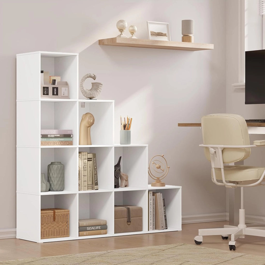 Scaffale per Libri, Scaffale per Scale Con 10 Cubi, Libreria in Legno Ingegnerizzato Bianco, per Camera da Letto, Soggiorno, Studio, Ufficio, 120x30x120cm, SK062ws
