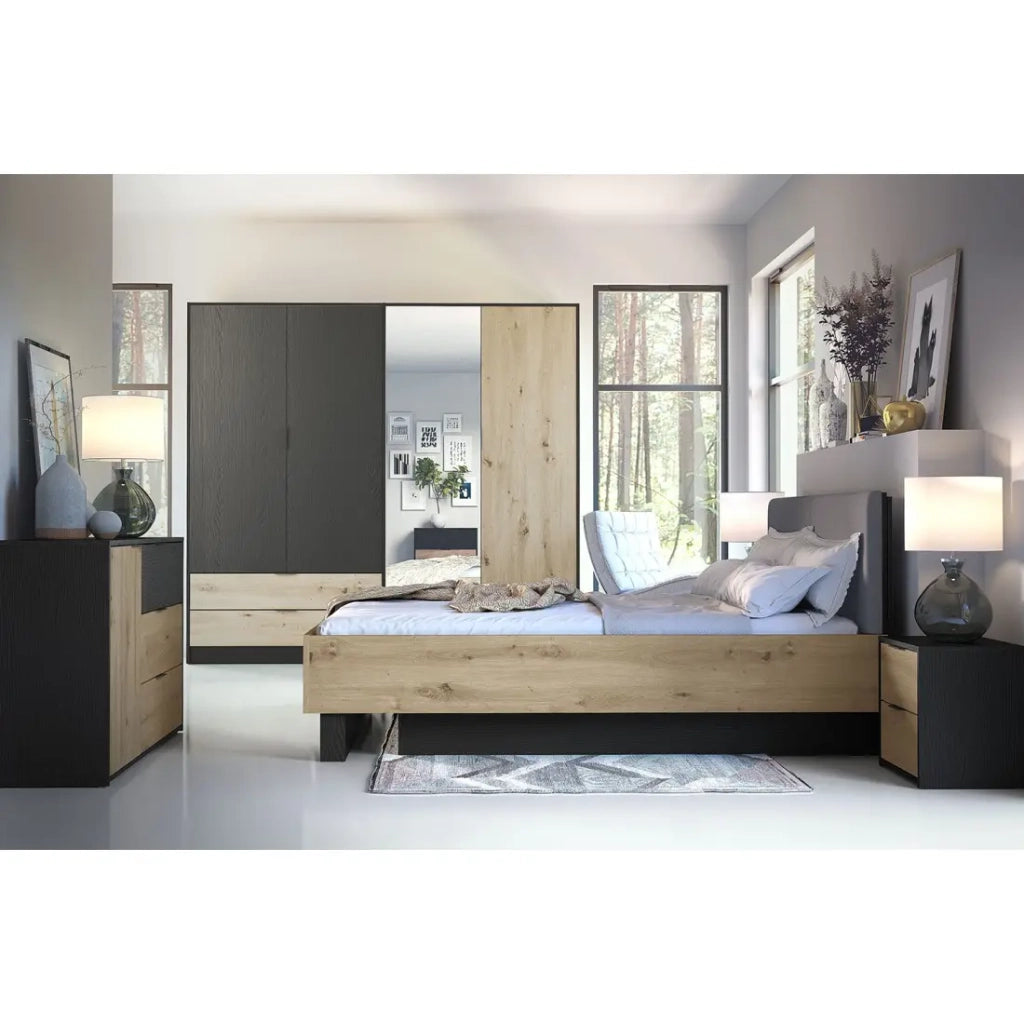 Letto contenitore MELODY 160x200 cm – Testiera imbottita – Nero grafite e rovere chiaro – 5 colli