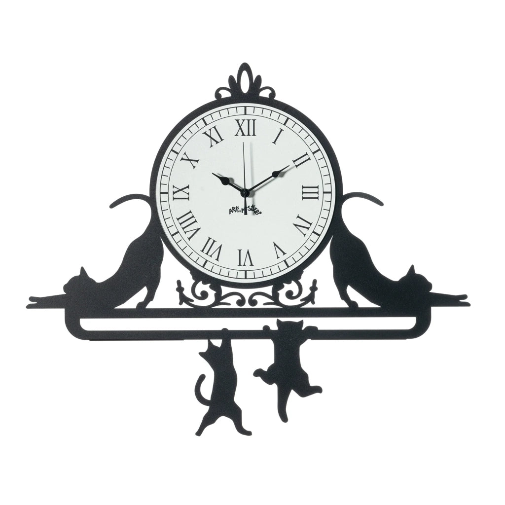 Orologio da parete Cattitude 62x52 cm in ferro con gatti decorativi Quadrante bianco a cifre romane Design originale elegante Made in Italy