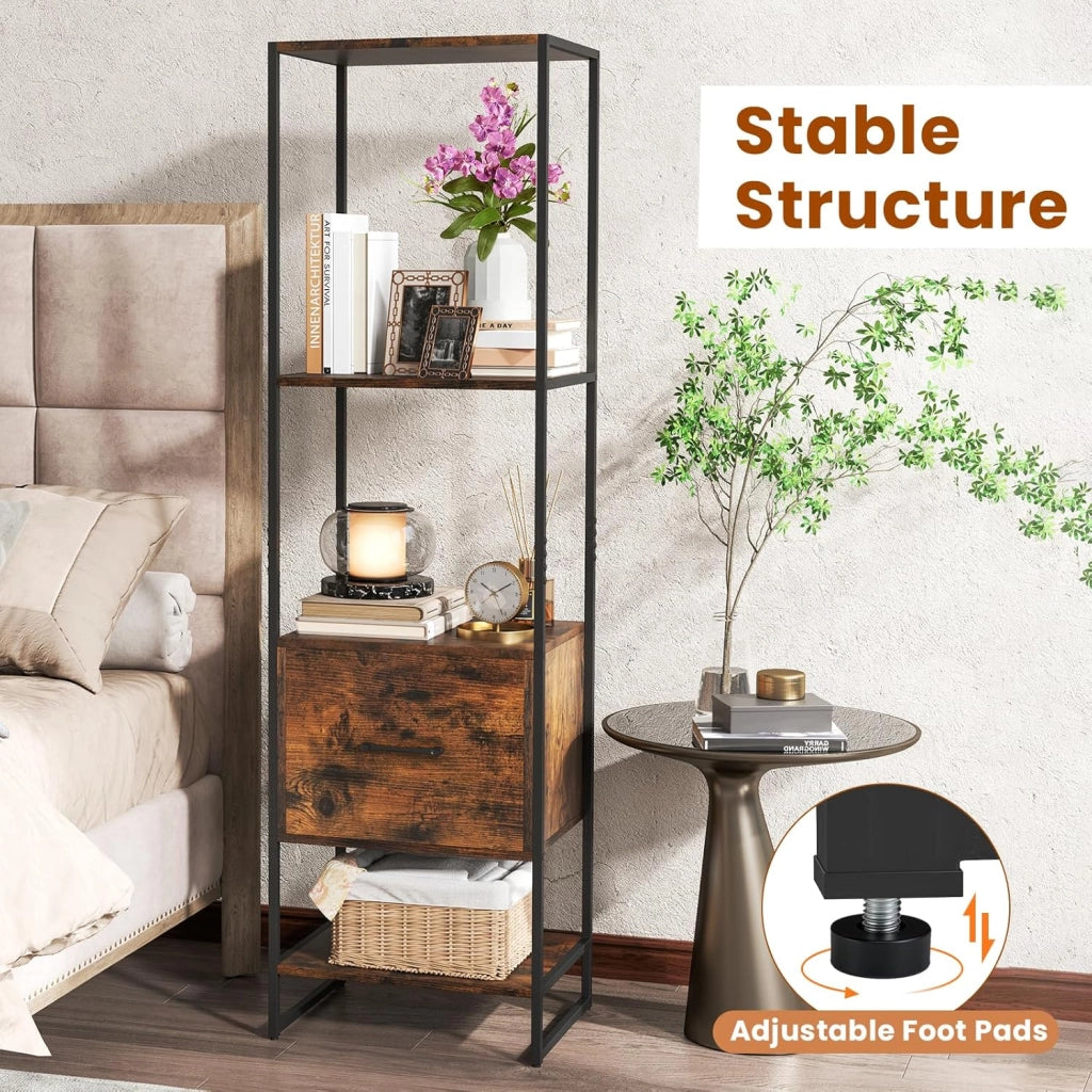 Scaffale a 5 livelli, libreria con 4 ripiani aperti e 1 cassetto, con kit antiribaltamento, 45 x 35 x 160 cm, scaffale portaoggetti per soggiorno, camera da letto, ufficio (marrone)