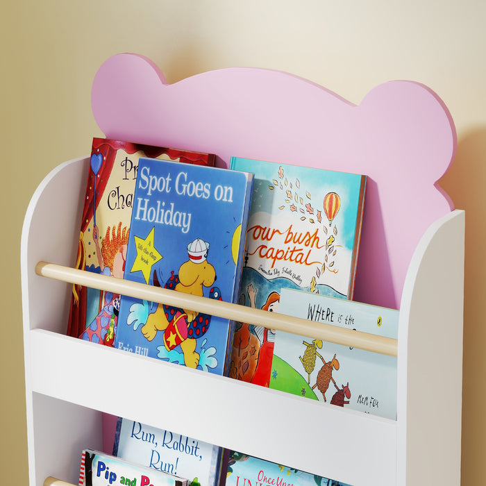 Libreria per Bambini 55x15x110 cm a Forma di Orsetto a 3 Ripiani con Barriere Frontali in MDF e Legno Rosa