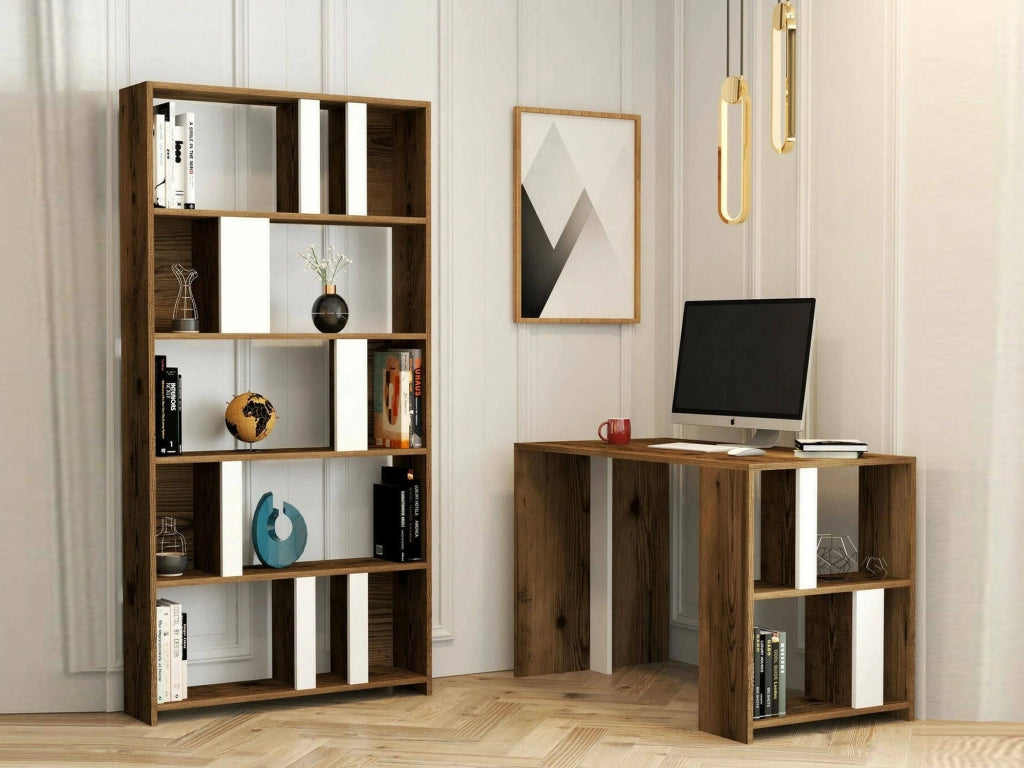 Scrivania Atene, Scrittoio multiuso, Tavolo per ufficio porta PC con libreria, 120x60h75 cm, Noce e Bianco