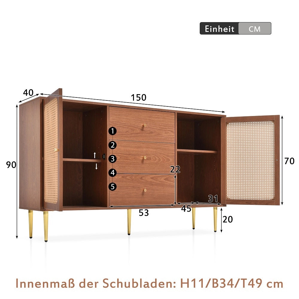 Buffet Commode con 2 porte e 3 cassetti - Xylo - Porte in rattan, ripiano regolabile, Marrone