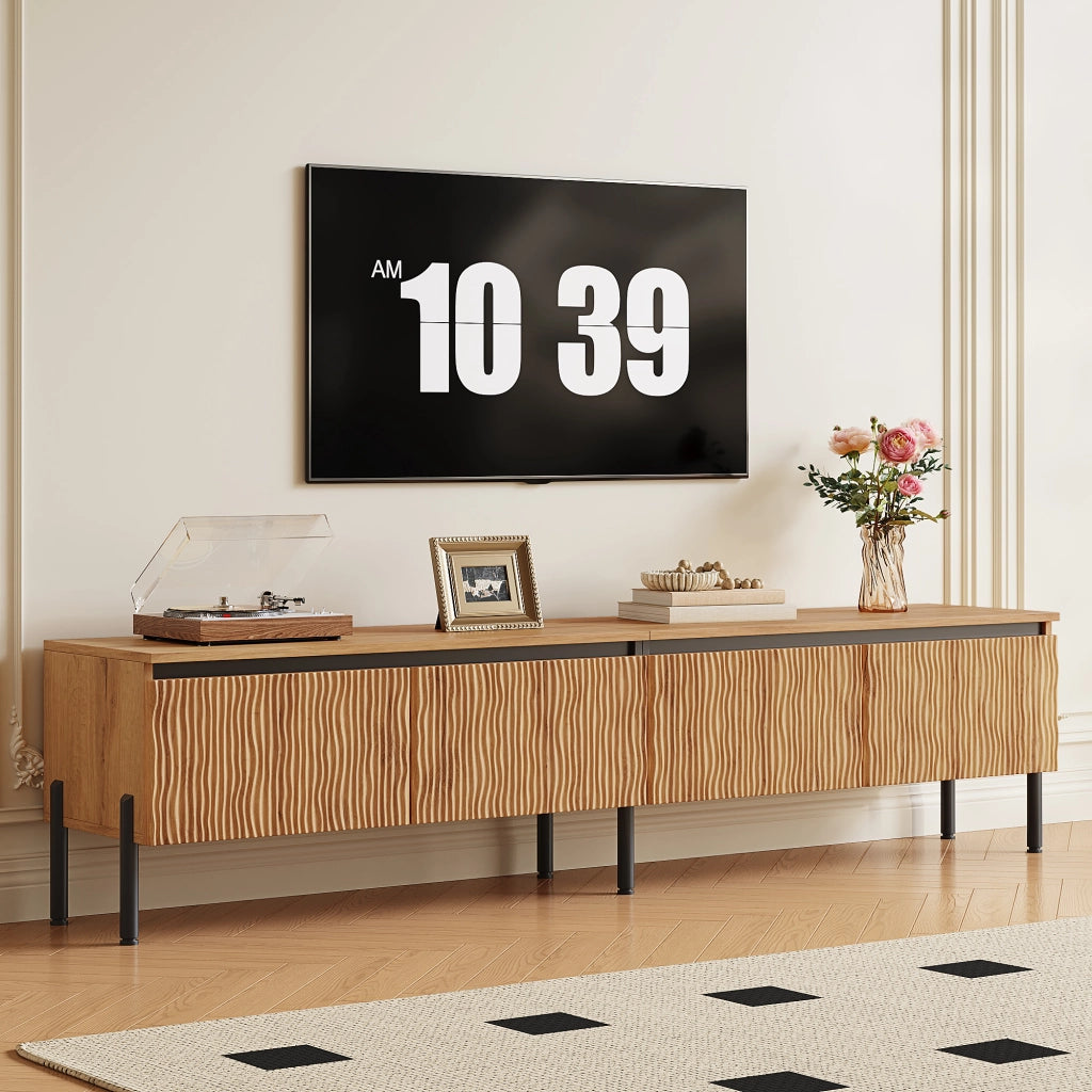 Mobile porta TV con 4 ante ondulate e 2 vani chiusi, fori passacavi, in MDF e truciolare, naturale, 180 × 35 × 43 cm