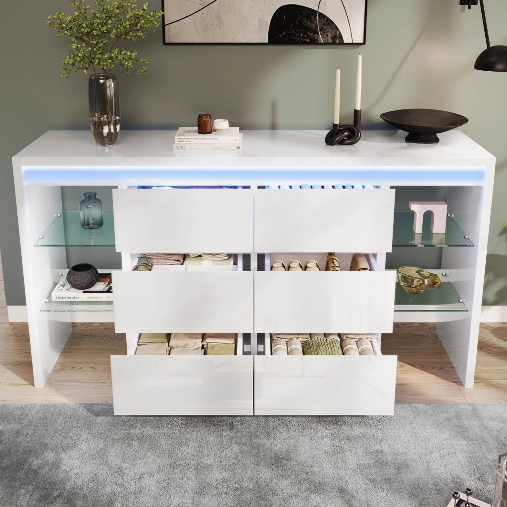 Comodino lucido, credenza da sala da pranzo, illuminazione a LED, 6 cassetti, 4 ripiani in vetro, 155 x 40 x 80 cm, bianco