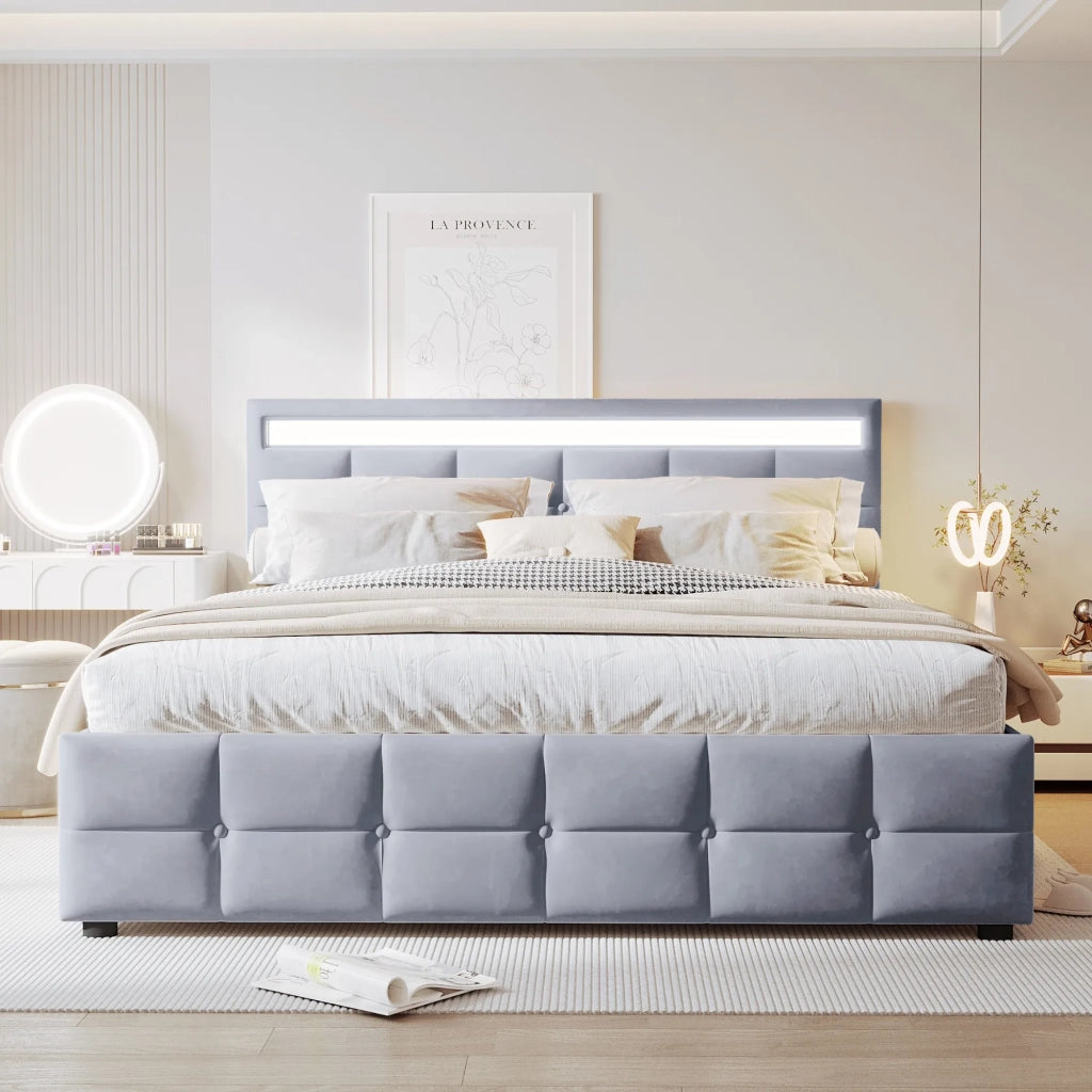 Letto matrimoniale contenitore 180x200 cm con LED; apertura idraulica; rivestimento in velluto grigio e rete