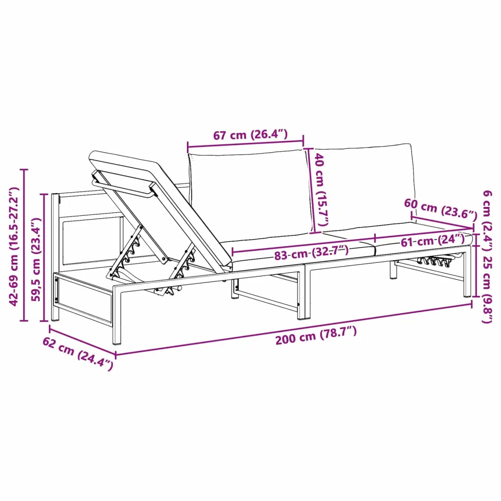 Lettino Sole per 3 Persone Nero 200 x 62 x 59,5 cm Textilene