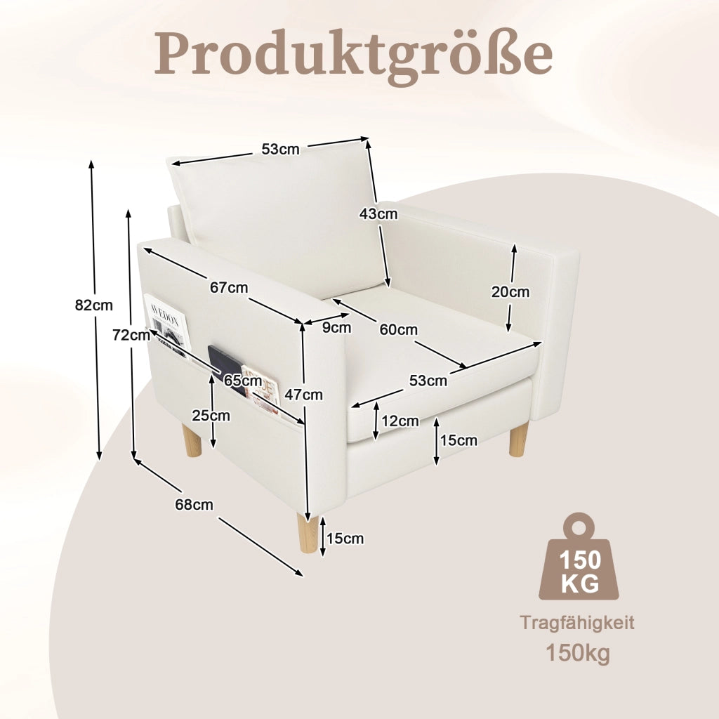 Poltrona relax con tasche laterali e cuscino; per lettura e soggiorno; in ciniglia beige