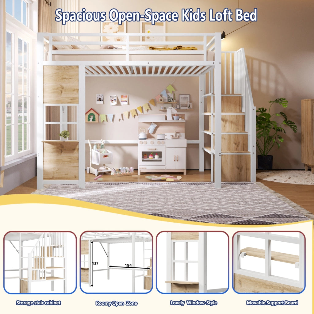 Letto a soppalco 140 × 200 cm con scala contenitore, spazio giochi aperto e vano laterale, senza materasso, bianco
