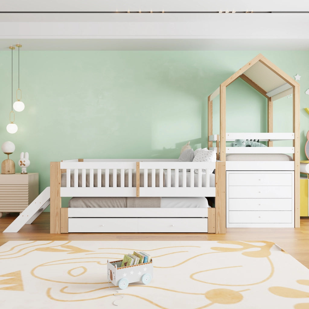 Letto per bambini 90×200 cm e 90×190 cm con letto estraibile; cassetti e scala laterale; senza materasso; bianco e naturale