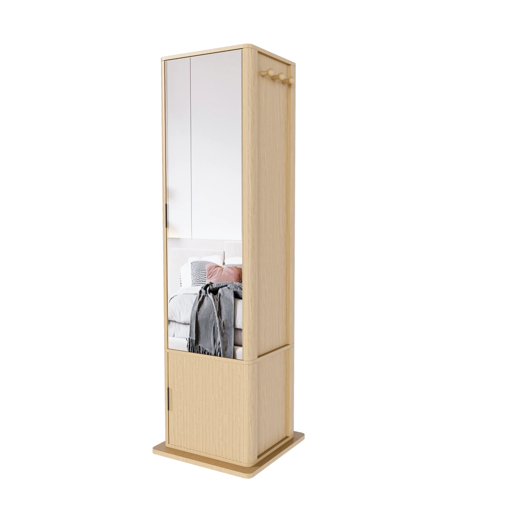 Mobile con specchio girevole con 6 ganci e 4 vani; porta gioielli e libreria per camera da letto; 50×50×170 cm