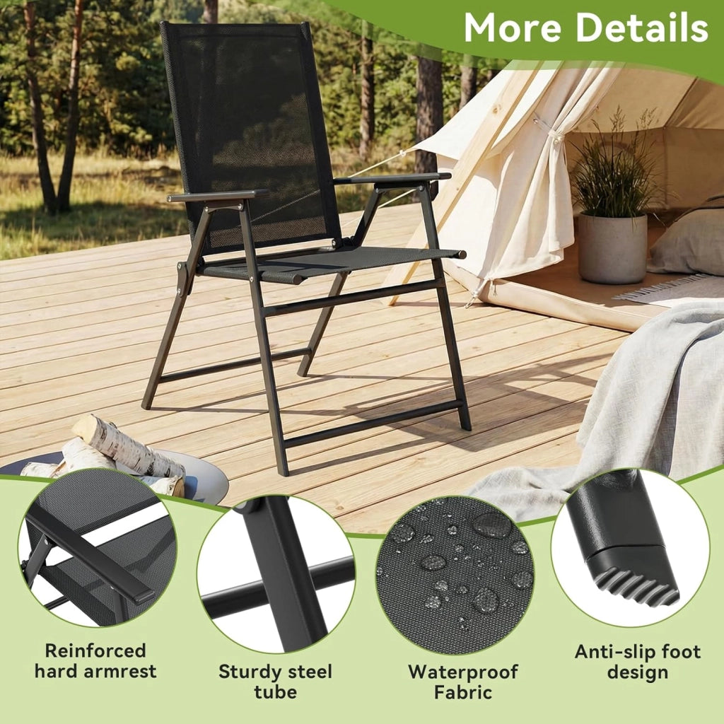 Set di 2 Sedie da Giardino Pieghevoli, Sedie da Campeggio con Schienale e Braccioli, Struttura in Metallo, Portata 120kg, Sedia Pieghevole Leggera per Balcone, Terrazza, Nero