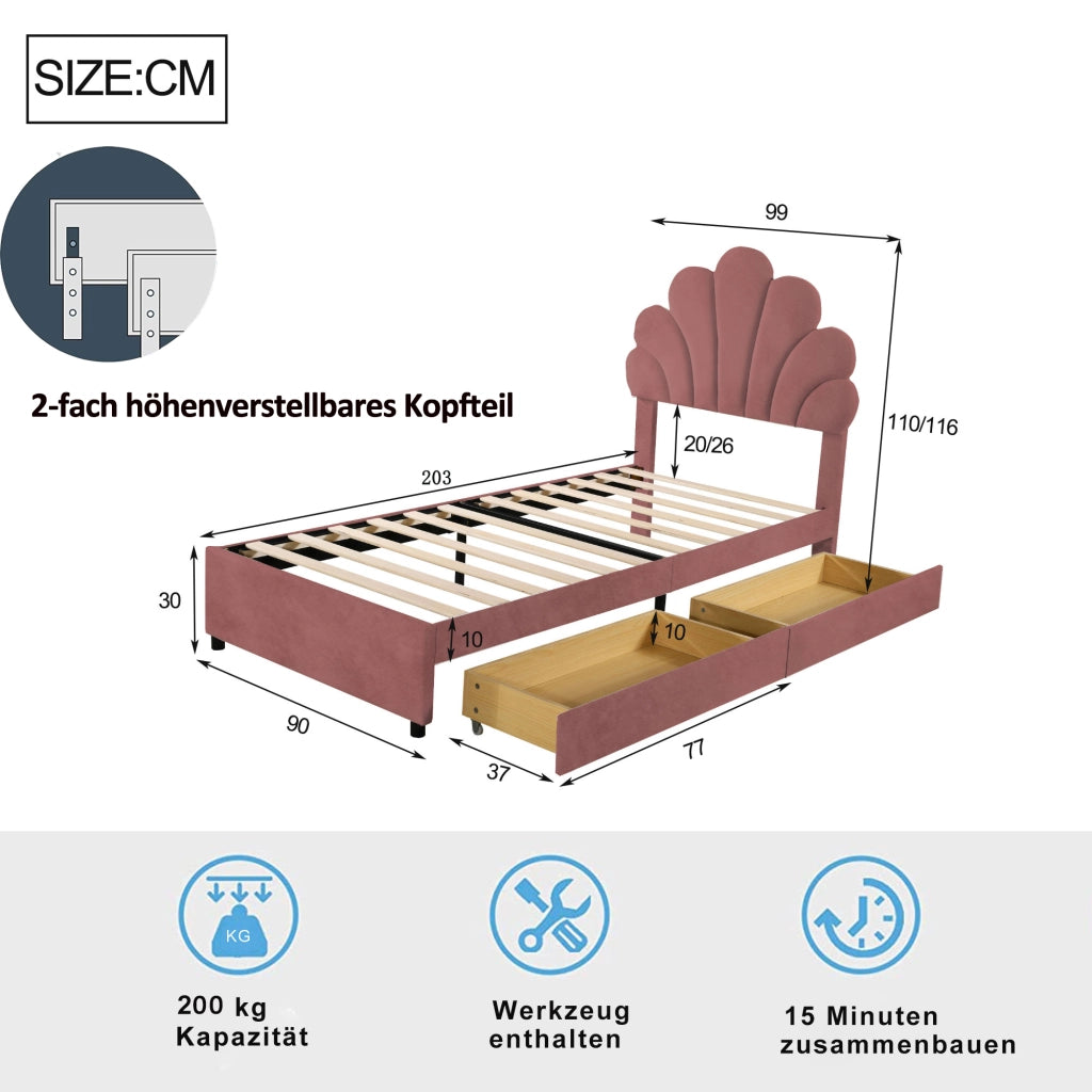 DESMIU Letto per Bambini 90 × 200 cm 1 Posto con 2 Cassetti e Testiera Floreale, senza materasso, Rosa