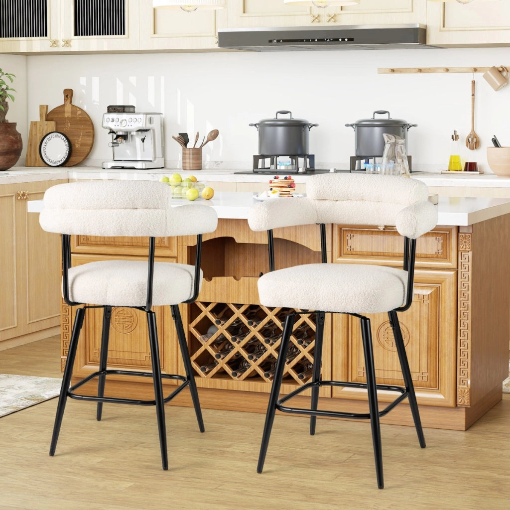 Sedie moderne imbottite in boucle con gambe in metallo e poggiapiedi per isola cucina, Set di 2 sgabelli da bar girevoli Bianco-Sgabelli da bar