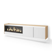Mobile TV Soggiorno, 212x50x35 cm, Per TV fino a 80", Camino elettrico XXL, Sospeso, da appendere, LED, Bianco e Rovere soft