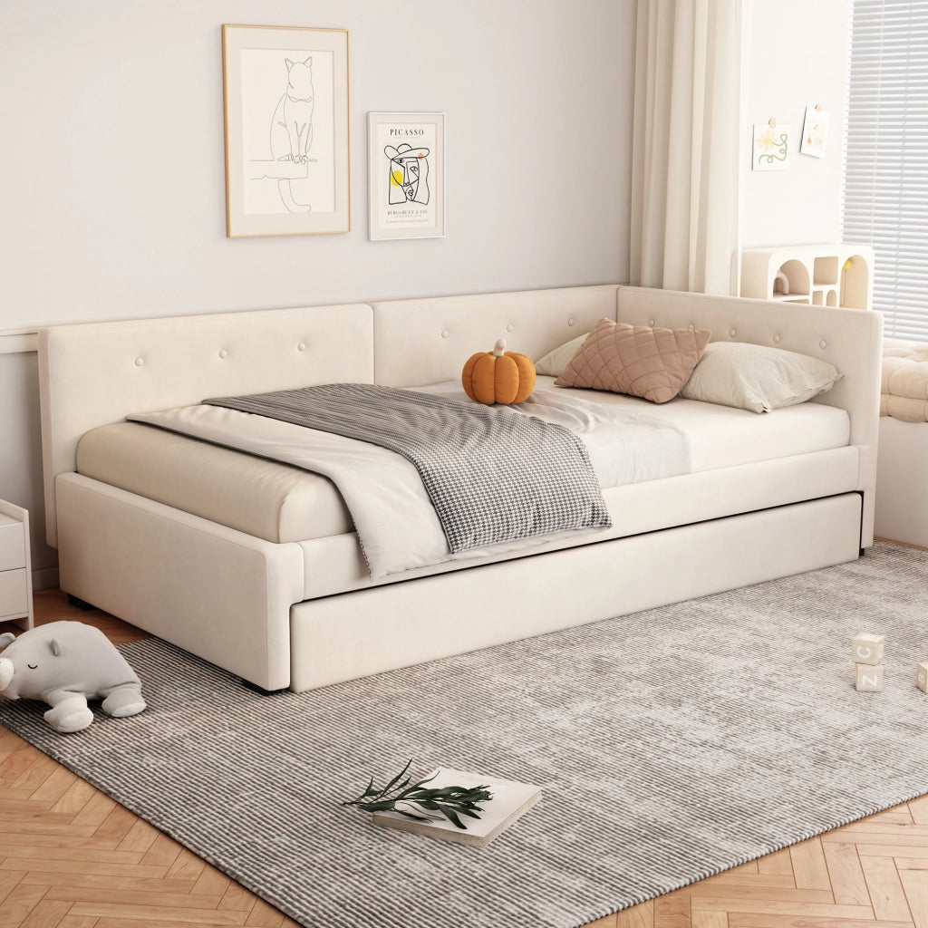 Letto singolo 90x200 cm con letto estraibile; velluto Beige chiaro