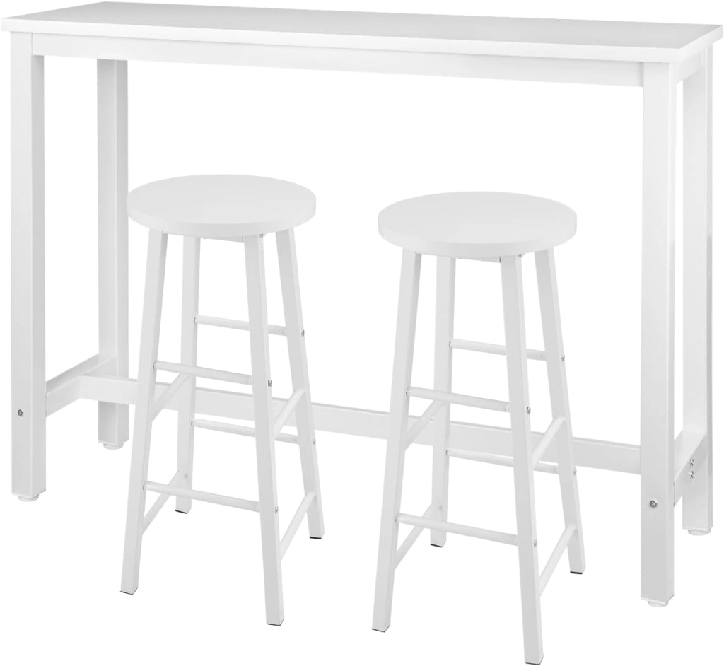 Tavolo Alto con 2 Sgabelli, Set Pranzo per Cucina, Sala da Pranzo, Isola da Cucina, Sgabelli Rotondi, Struttura in Metallo, Design Industriale, Bianco