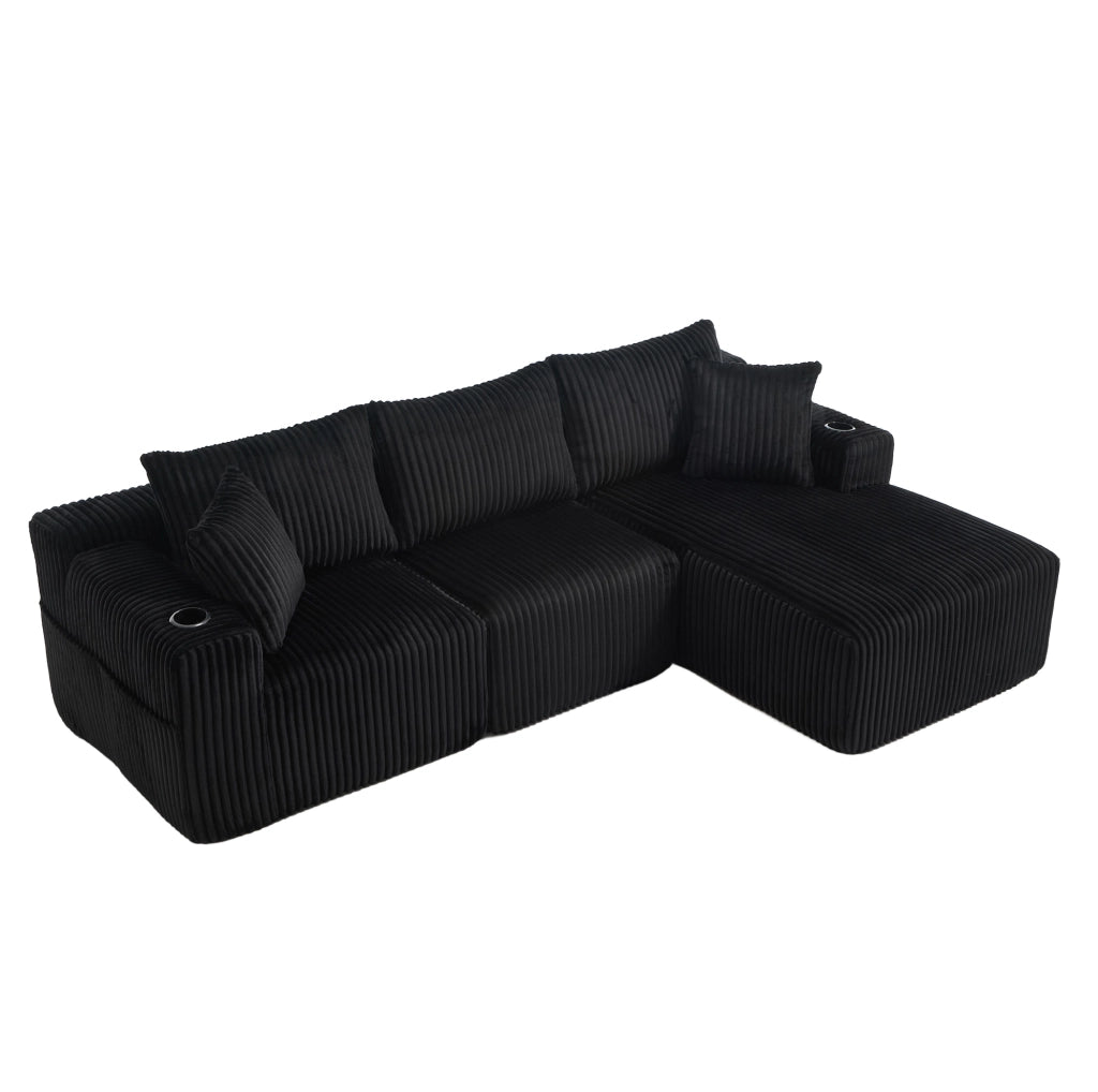 Divano modulare 257x160x62 cm tessuto nero, con chaise longue e 5 cuscini, per studio –