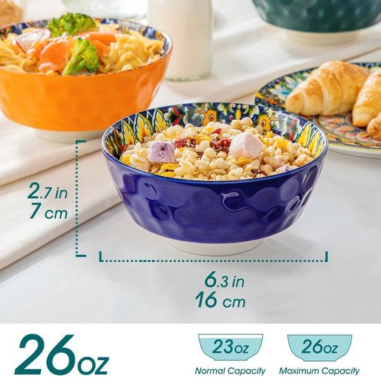 Set di Piatti Ceramici per Pasta e Dessert in Stile Boemiano, 6 Pezzi, A 16 cm di Diametro, 7 cm di Profondità, con Disegni Colorati, Resistenti al Forno, al Microonde e alla Lavastoviglie