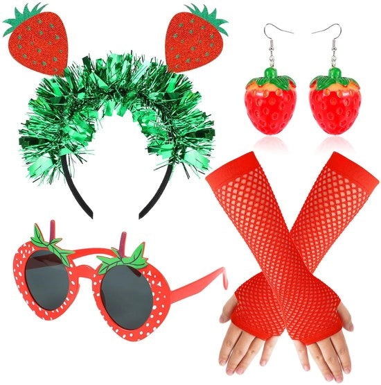 Costumi da carnevale per donne - Fascia per capelli a forma di fragola - Occhiali da carnevale a forma di fragola - Guanti rossi - Orecchini a forma di fragola - Adatto per carnevale/Halloween - Costumi da carnevale