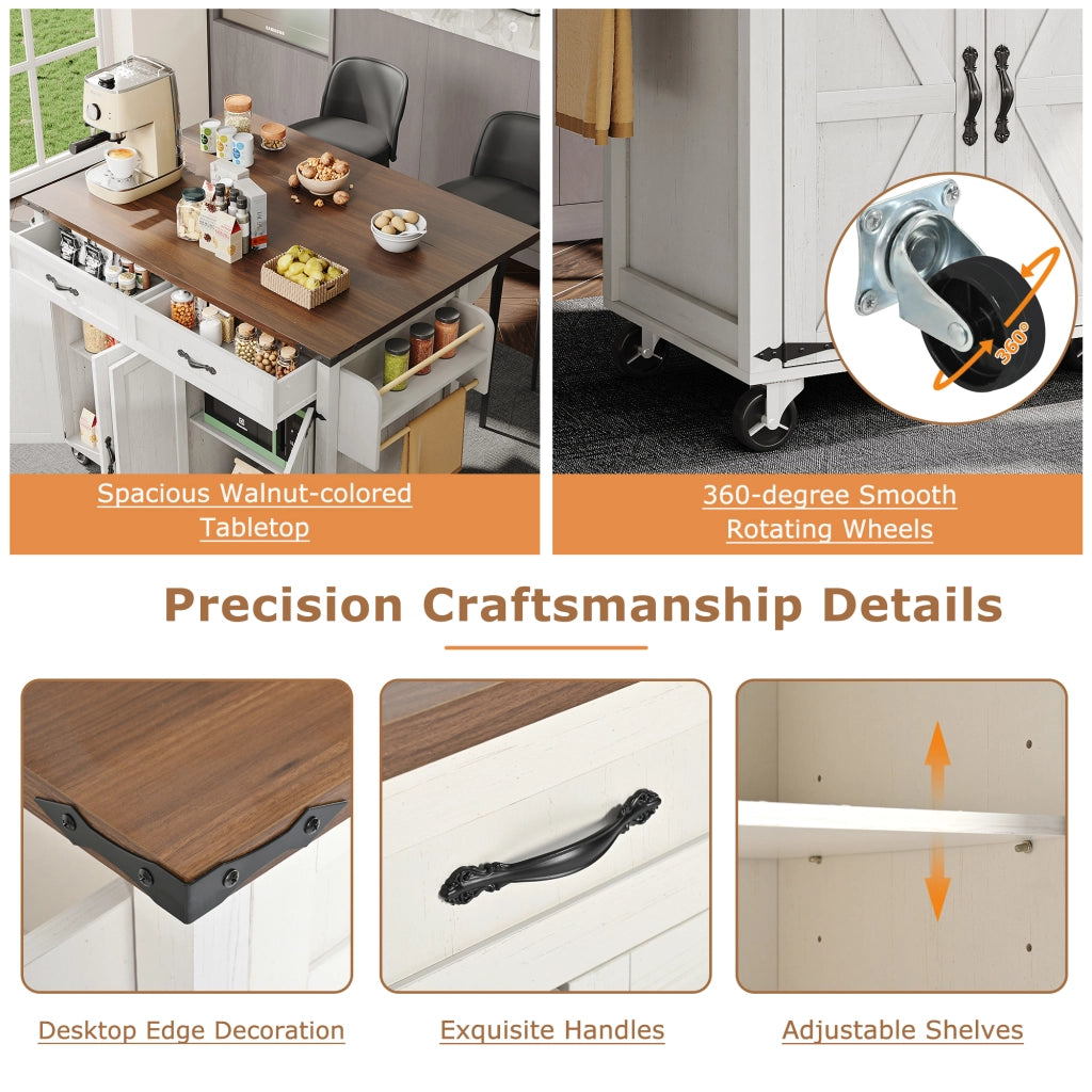 OKWISH Isola da Cucina con 4 Ante e 2 Cassetti, Piano Pieghevole, Portasciugamani e Ruote, per Cucina, MDF, Bianco