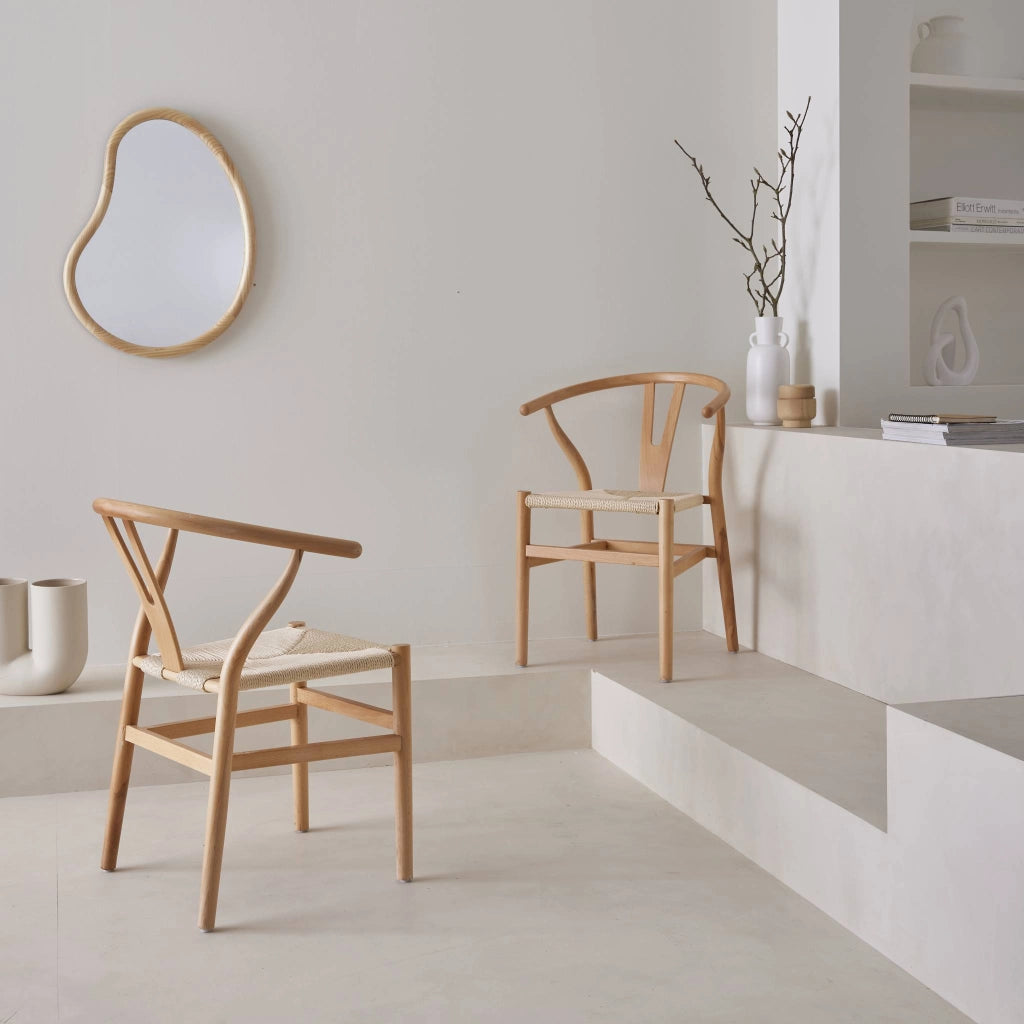 Set 2 sede in legno con seduta in corda, marrone naturale