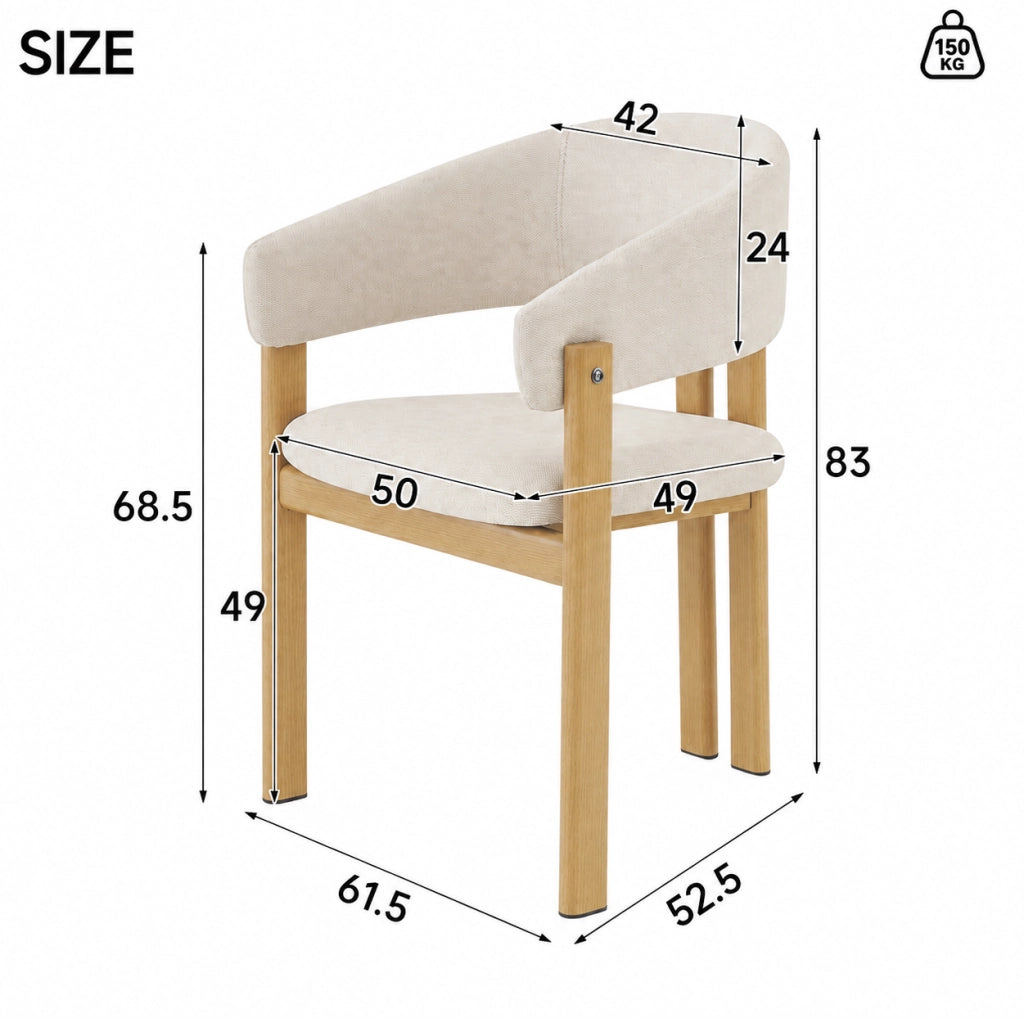 Set di 2 sedie da pranzo con braccioli; struttura in metallo effetto legno; tessuto lino beige