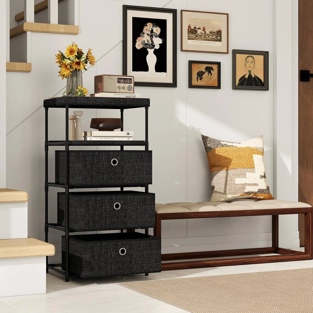Cassettiere in Tessuto con 3 Cassetti Pieghevole, Comò Camera da Letto con Struttura in Metallo, Armadietto Moderno Salvaspazio per Soggiorno, Ufficio e Corridoio (40 x 30 x 81 cm)