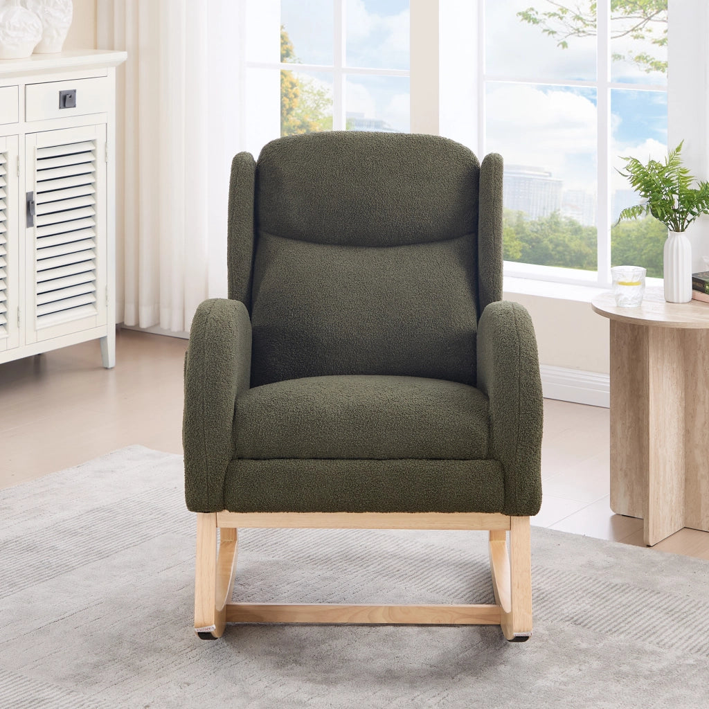 Poltrona a Dondolo con Poggiapiedi ¨C MINIMAL ¨C Tessuto Teddy, Schienale Alto, Verde