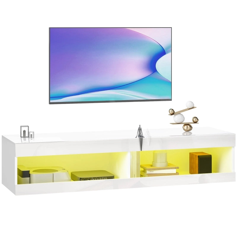 TV Lowboard sospeso con illuminazione LED RGB a 16 colori, finitura bianco lucido, 140 x 40 x 30 cm