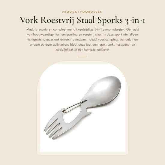 Besteck da camping - 3-in-1 Spork - Lepel/Vork/Flesopener - Acciaio Inossidabile - Titanio - Portatile e Pratico - Multitool