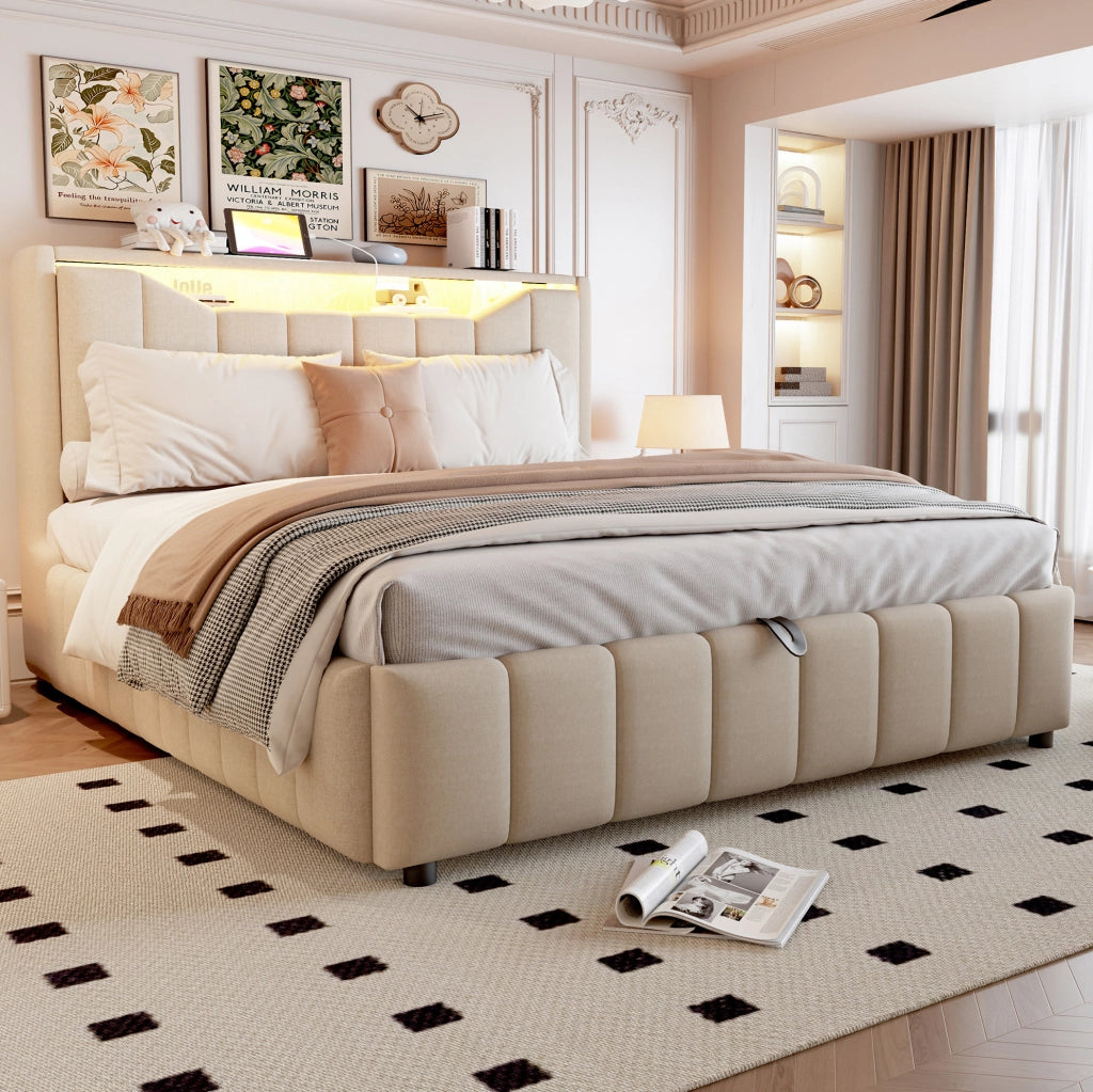 Letto 140x200 cm con contenitore idraulico, LED, USB e USB-C in tessuto beige