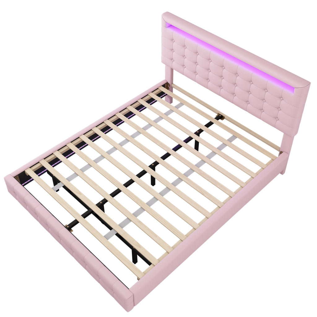 Letto Adulti 140×200 cm; Letto Matrimoniale con LED Regolabile e Testiera Regolabile; senza Materasso; PU; Rosa