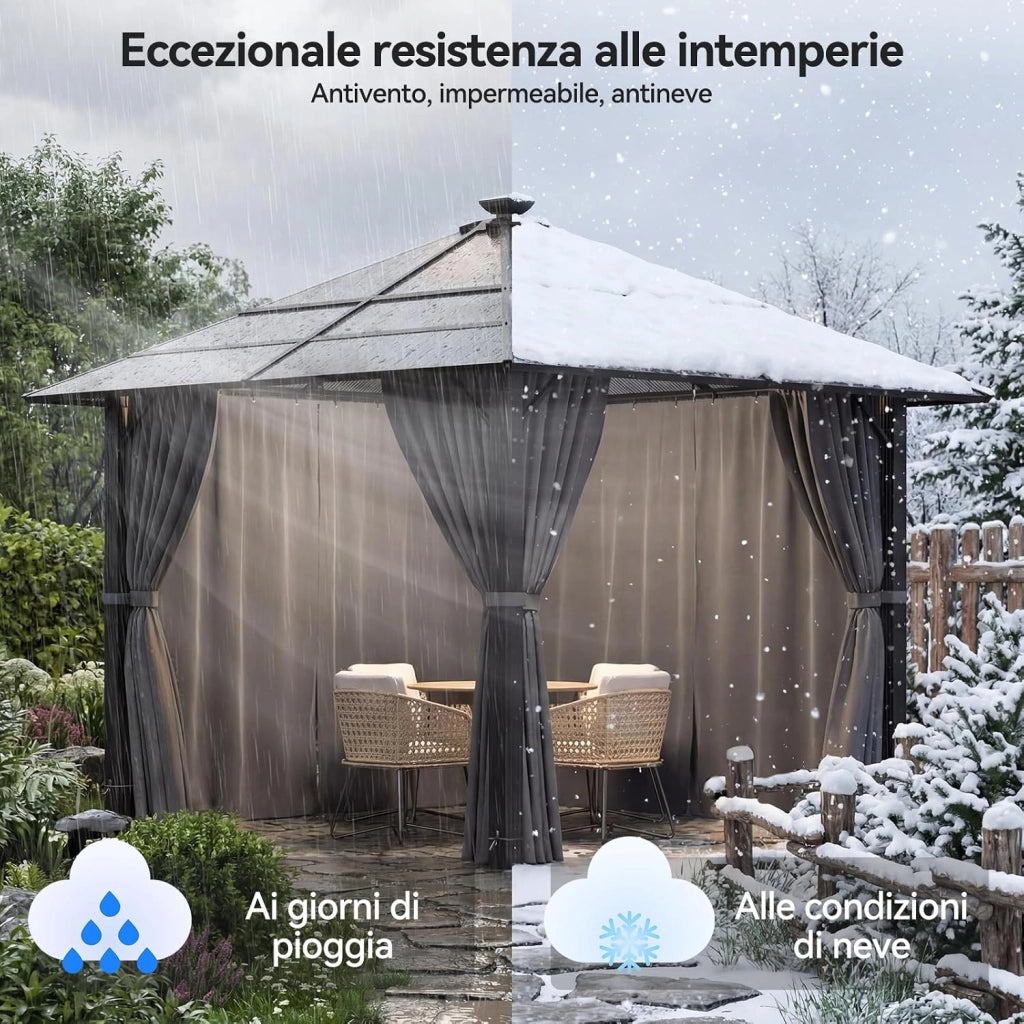 Gazebo 3 x 3 impermeabile con Luce LED, stabile, in alluminio, gazebo da giardino, con tetto fisso, protezione UV, adatto per scene esterne, grigio