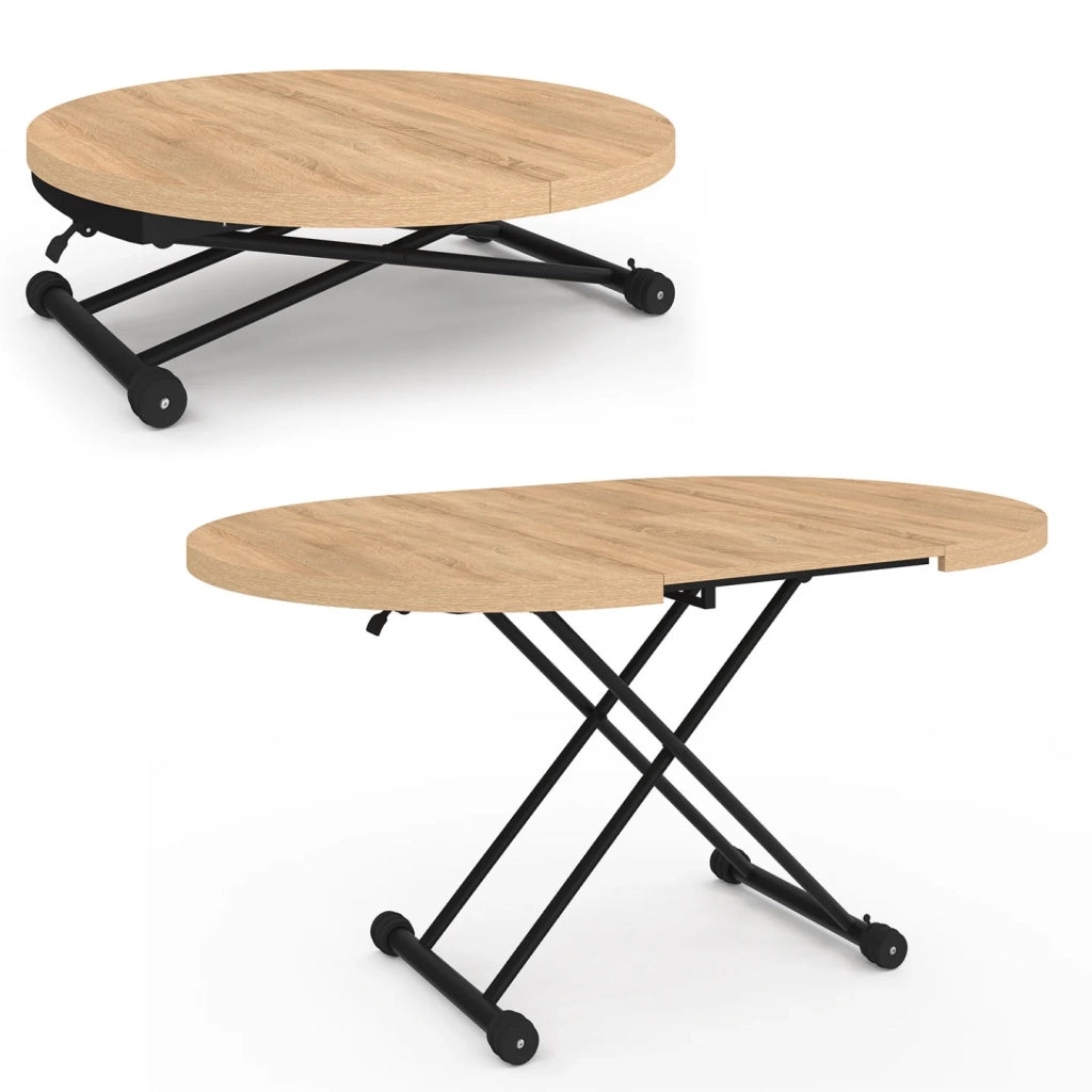 IDMarket - Tavolino ALTURA, allungabile e trasformabile in tavolo da pranzo rotondo, con piano in faggio e gamba nera dal design industrial