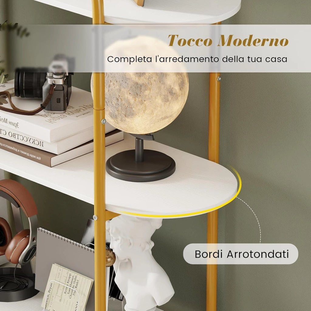 Libreria a Forma di Arco a 4 Ripiani, Scaffale Portaoggetti Aperta con Struttura Metallica, Organizer Espositivo Autoportante per Soggiorno, Ufficio e Camera da Letto, 95x34x156cm (Bianco)
